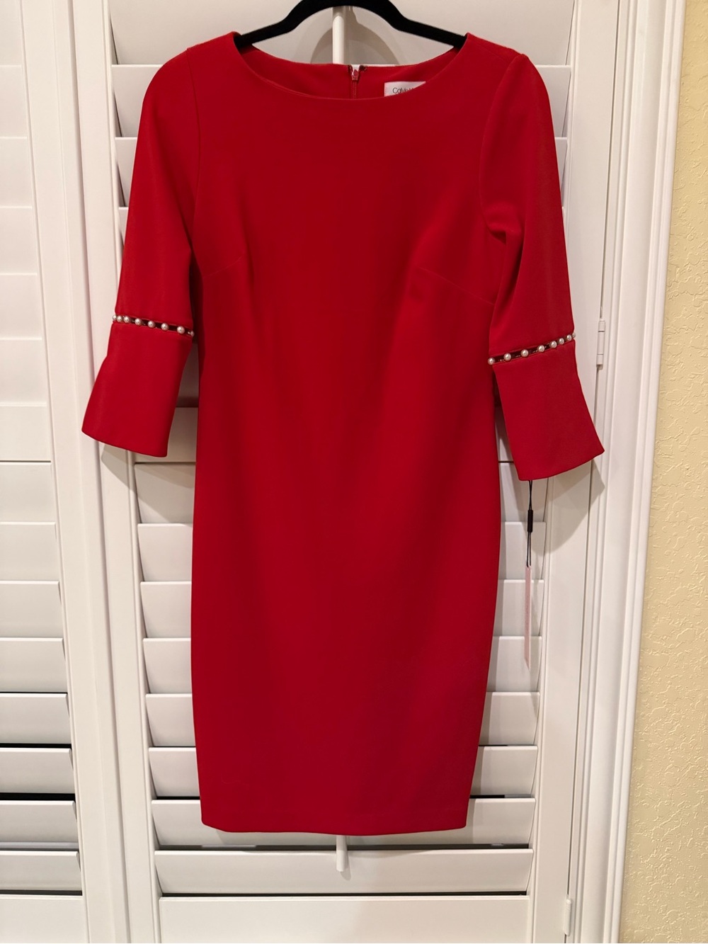 Calvin Klein Red Midi Sheath Dress with Pearl-Trim Sleeves